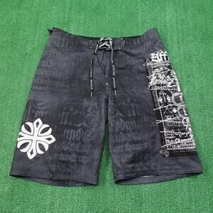 Affliction Board Shorts Mens 34 Black Gothic Print Swim Trunks Lace Up Stretch